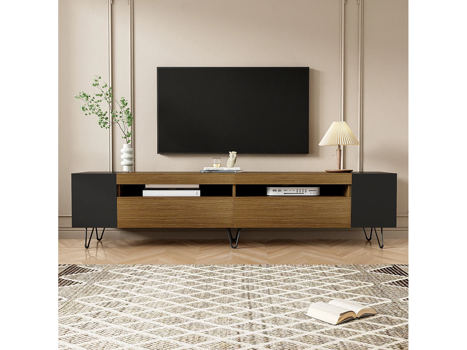 URBAN MEUBLE Meuble TV noir et effet bois 2 porte battantes étagère ouvertes cotés 180*36*43cm