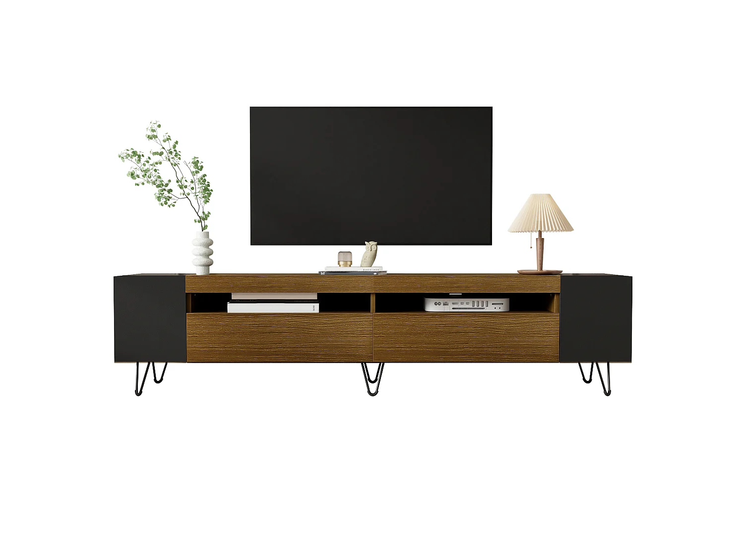 URBAN MEUBLE Meuble TV noir et effet bois 2 porte battantes étagère ouvertes cotés 180*36*43cm