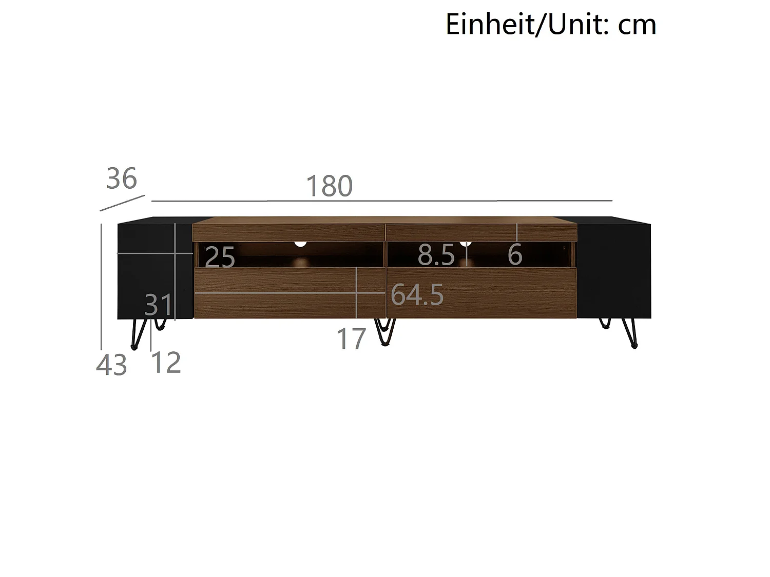 URBAN MEUBLE Meuble TV noir et effet bois 2 porte battantes étagère ouvertes cotés 180*36*43cm