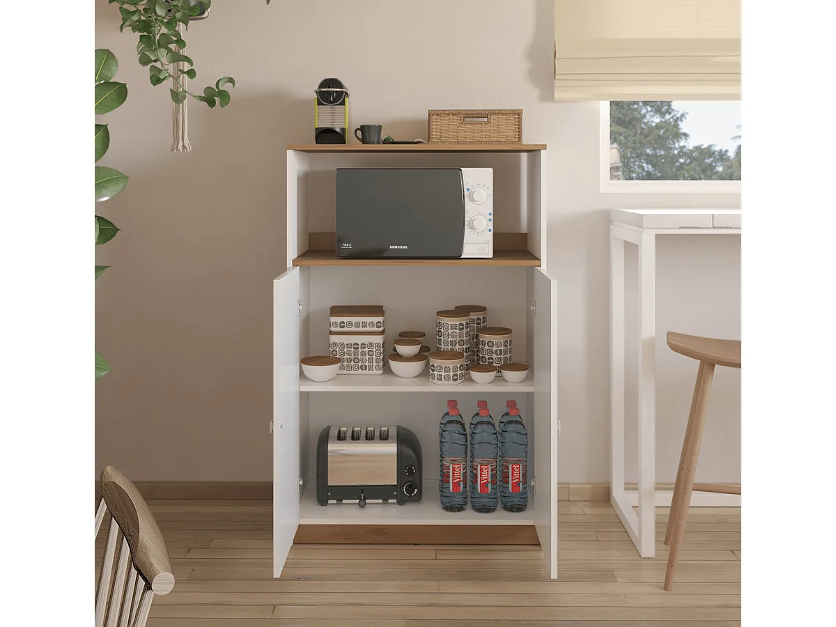 Meuble de rangement de cuisine coloris chêne Albar, blanc - Hauteur 124 x Longueur 80 x profondeur 40 cm