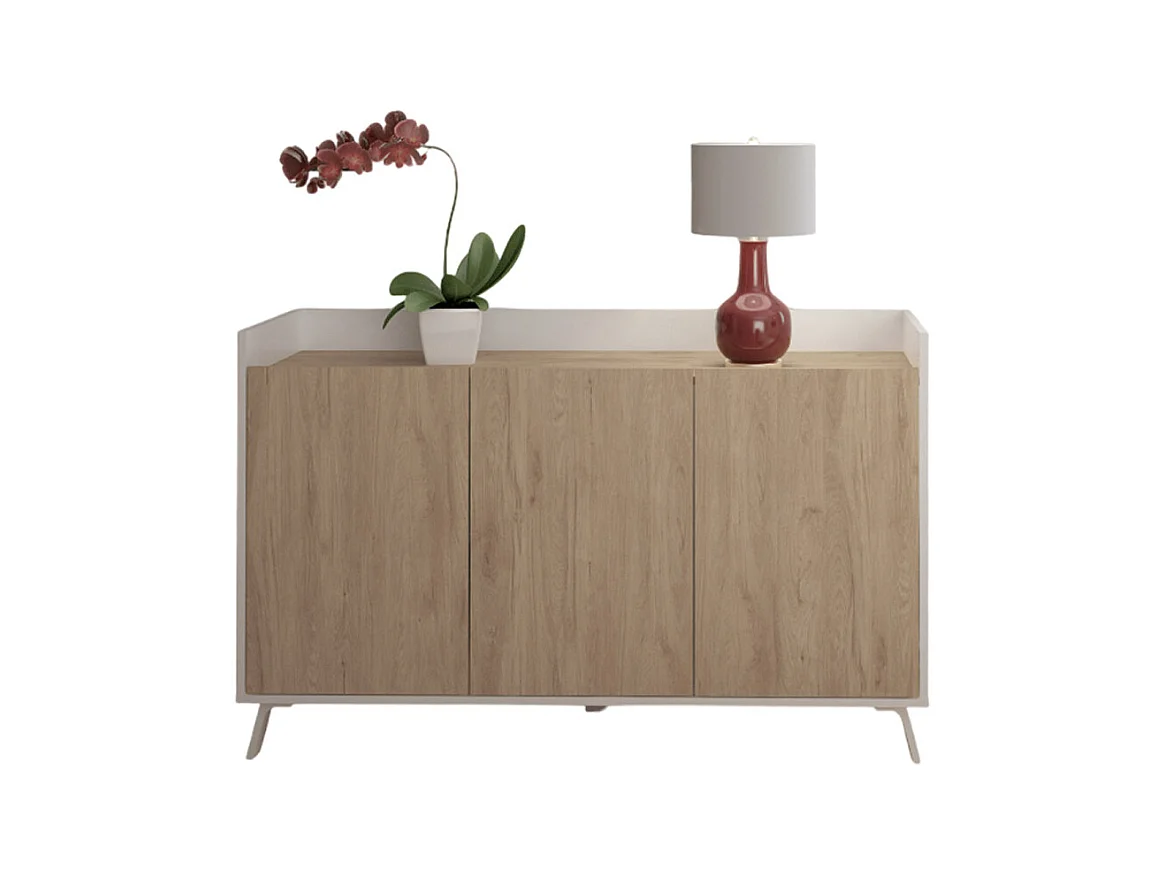 Buffet, meuble de rangement avec 3 portes coloris blanc, chêne  - Hauteur 87 x Longueur 140 x profondeur 40 cm