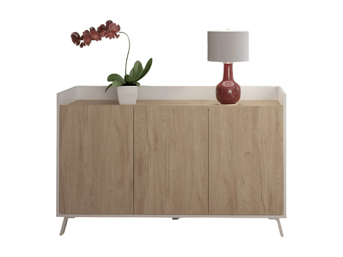 Buffet, meuble de rangement avec 3 portes coloris blanc, chêne  - Hauteur 87 x Longueur 140 x profondeur 40 cm