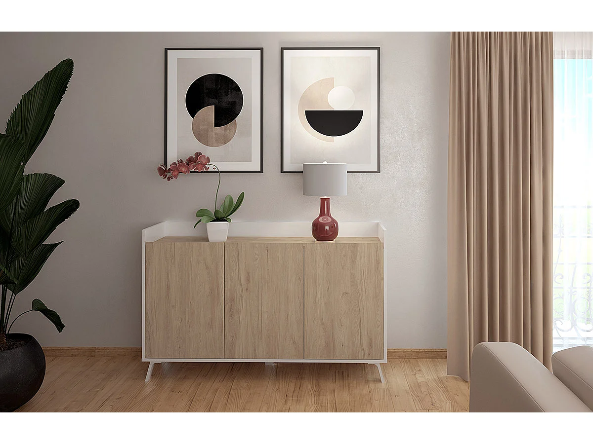 Buffet, meuble de rangement avec 3 portes coloris blanc, chêne  - Hauteur 87 x Longueur 140 x profondeur 40 cm