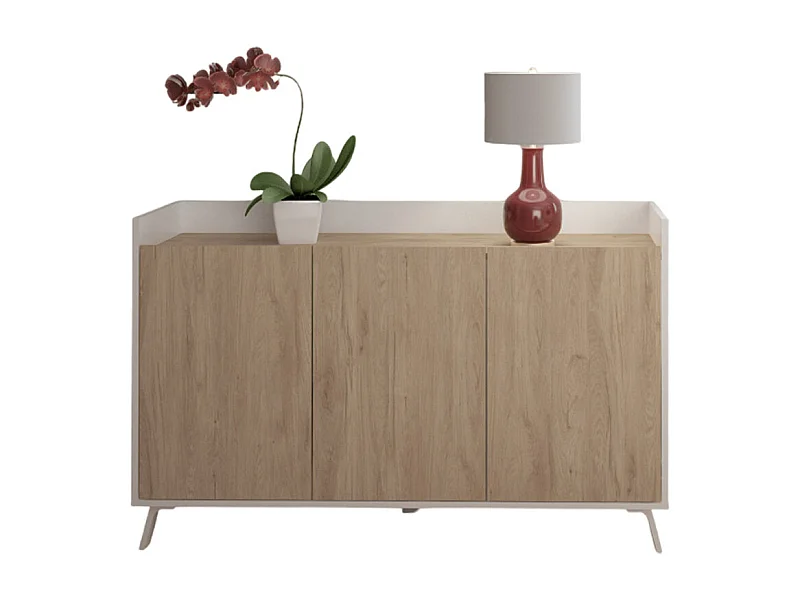 Buffet, meuble de rangement avec 3 portes coloris blanc, chêne  - Hauteur 87 x Longueur 140 x profondeur 40 cm