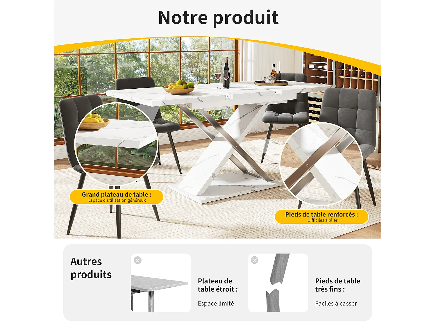 URBAN MEUBLE Table de salle à manger extensible effet marbre et pieds croisés 118-157cm