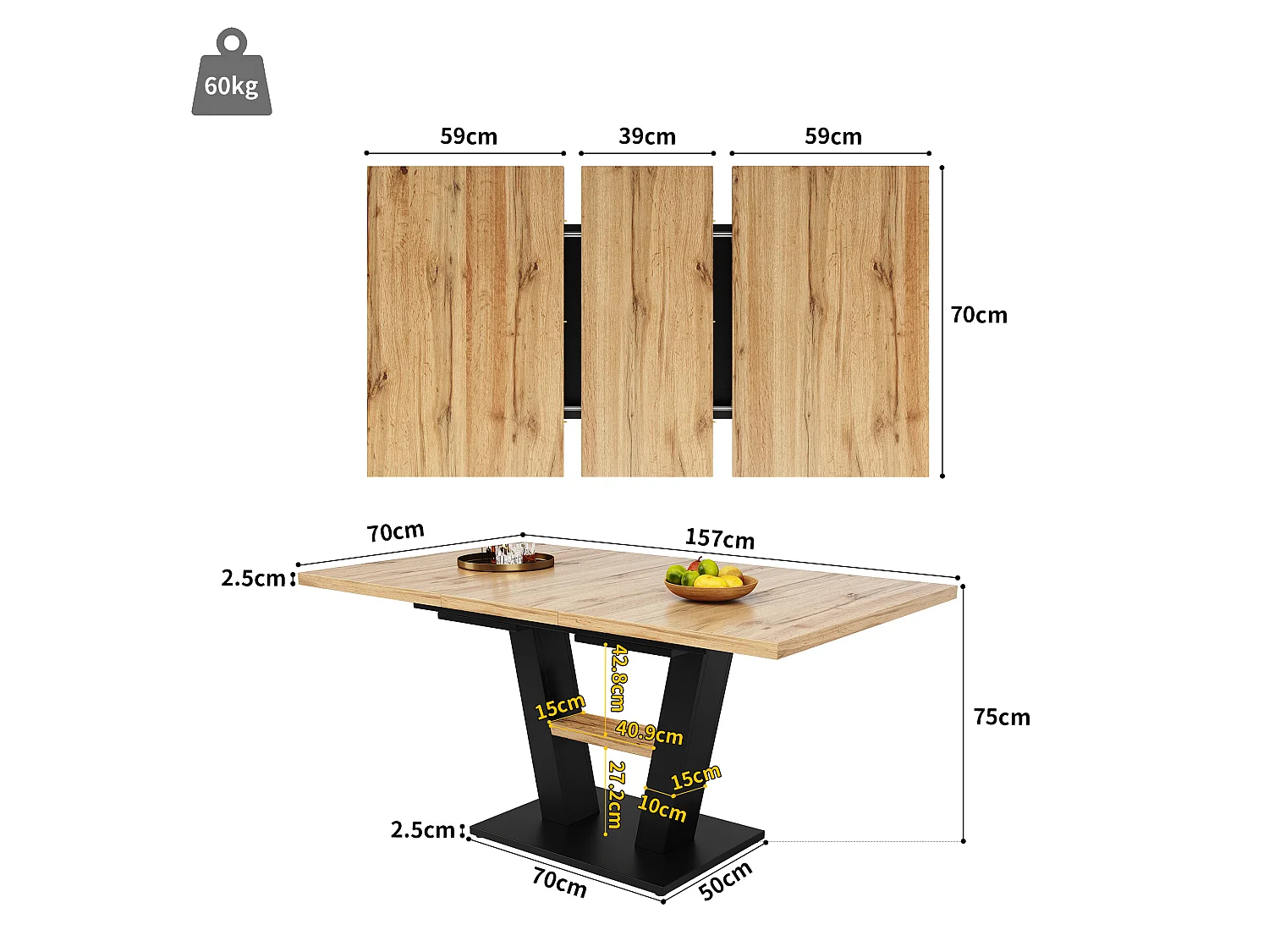 URBAN MEUBLE Table de salle à manger extensible effet bois 118-157cm