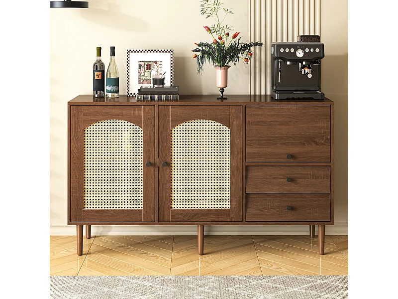 URBAN MEUBLE Buffet vintage effet bois avec portes en rotin 2 portes 2 tiroirs 130x75,5x40cm