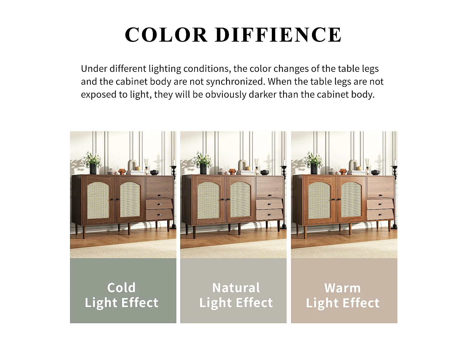 URBAN MEUBLE Buffet vintage effet bois avec portes en rotin 2 portes 2 tiroirs 130x75,5x40cm