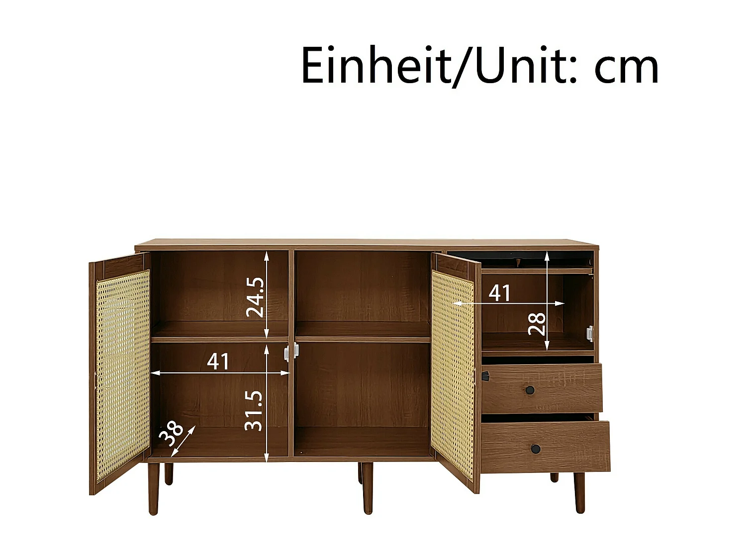 URBAN MEUBLE Buffet vintage effet bois avec portes en rotin 2 portes 2 tiroirs 130x75,5x40cm