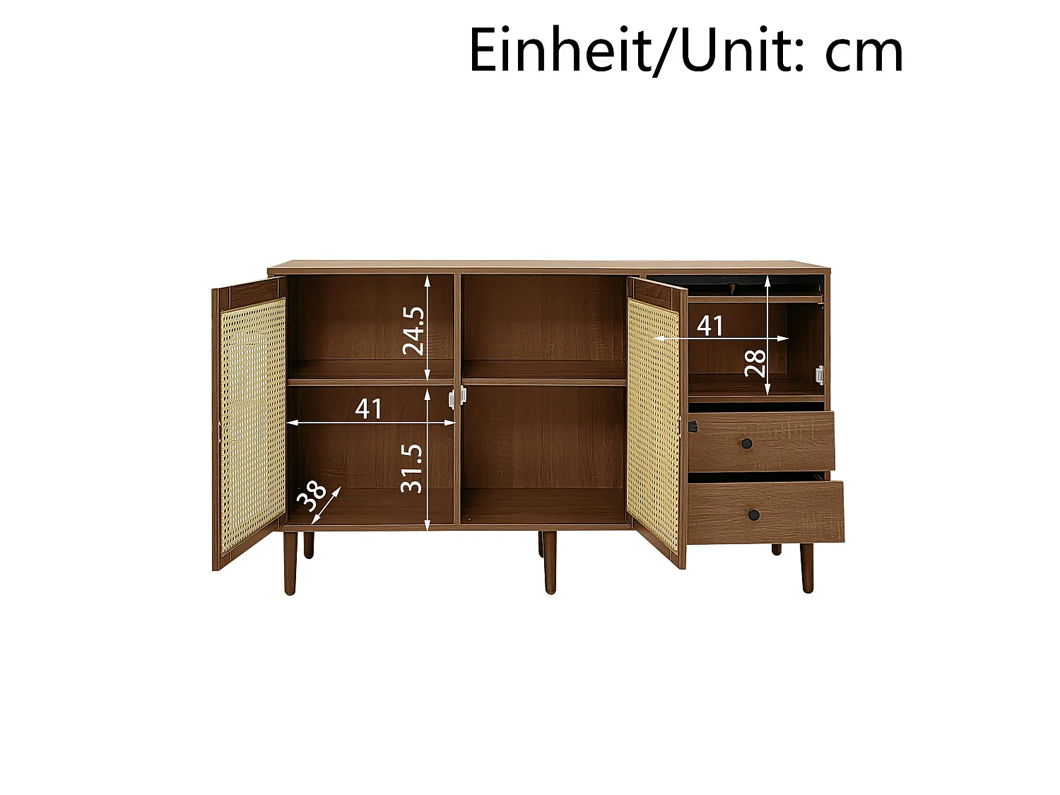 URBAN MEUBLE Buffet vintage effet bois avec portes en rotin 2 portes 2 tiroirs 130x75,5x40cm