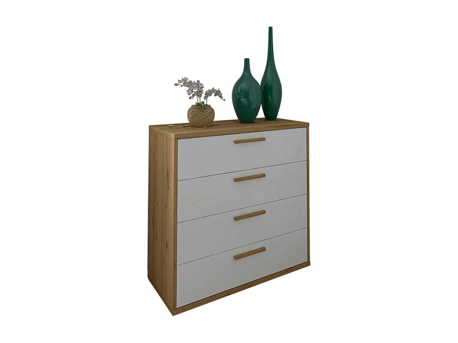 Commode, Meuble de rangement avec 4 tiroirs coloris chêne Albar, blanc - Hauteur 86 x Longueur 88 x profondeur 40 cm