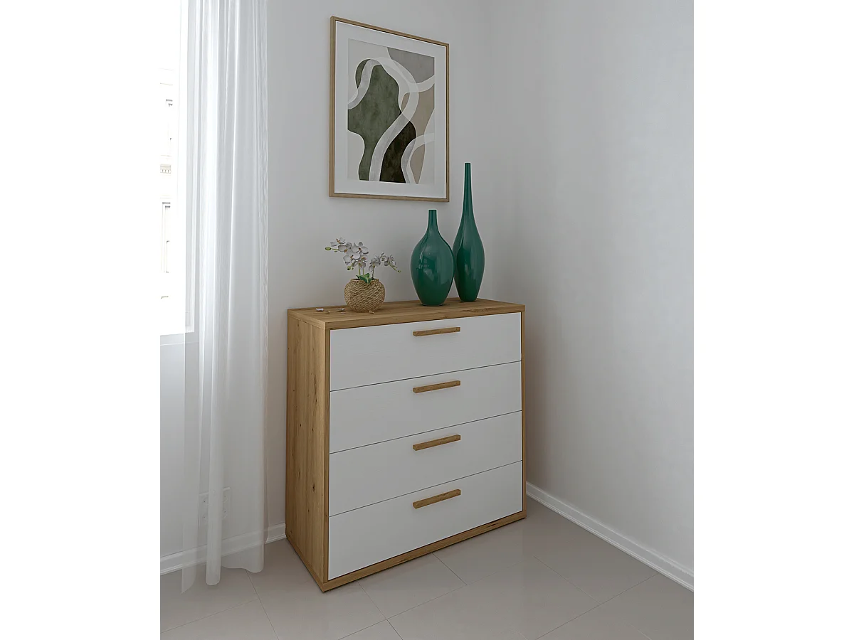 Commode, Meuble de rangement avec 4 tiroirs coloris chêne Albar, blanc - Hauteur 86 x Longueur 88 x profondeur 40 cm