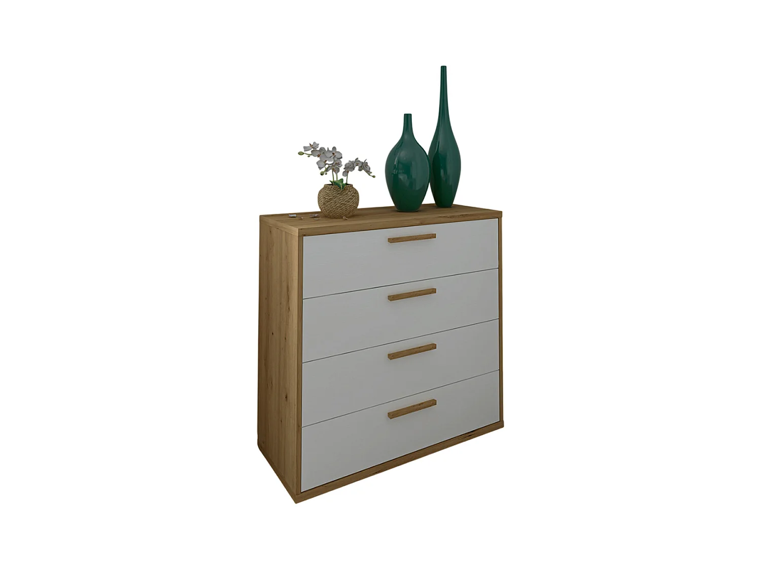 Commode, Meuble de rangement avec 4 tiroirs coloris chêne Albar, blanc - Hauteur 86 x Longueur 88 x profondeur 40 cm