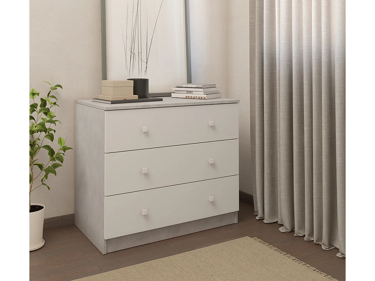 Commode, meuble de rangement avec 3 tiroirs coloris ciment, blanc - Hauteur 70 x Longueur 80 x profondeur 48 cm