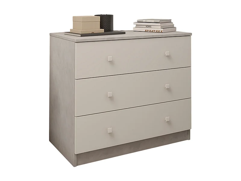 Commode, meuble de rangement avec 3 tiroirs coloris ciment, blanc - Hauteur 70 x Longueur 80 x profondeur 48 cm