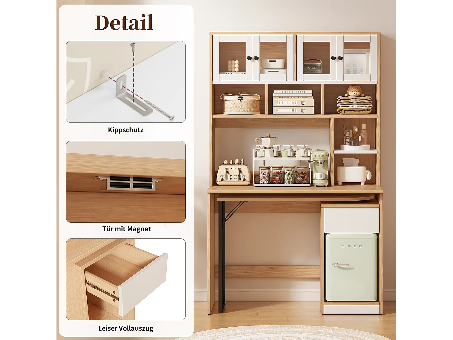 URBAN MEUBLE Bureau effet bois avec étagère rangement tablette rétractable 110*55*180cm