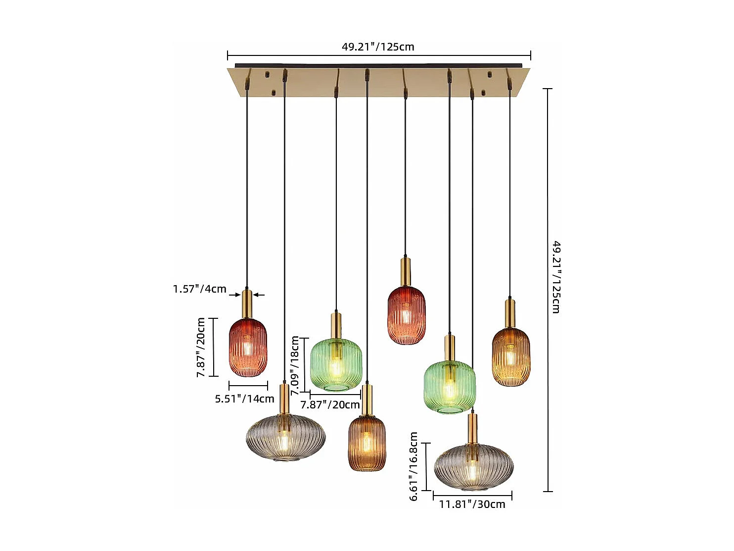 Lustre en verre, d125 cm xh130cm, multicolore