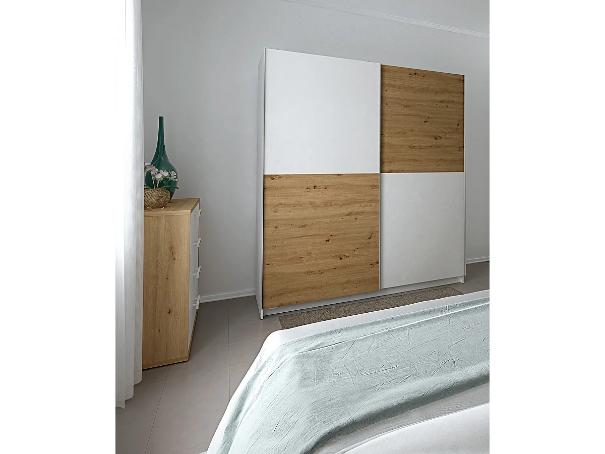 Armoire placard / meuble de rangement coloris chêne Albar /blanc - Hauteur 200 x Longueur 180 x Profondeur 60 cm