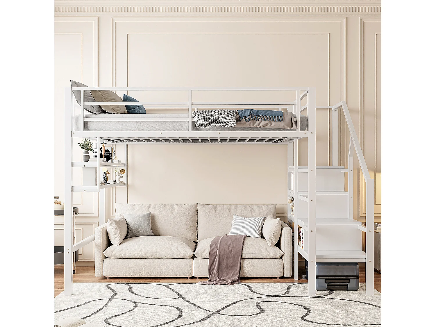 URBAN MEUBLE Lits double superposés métallique blanc échelle avec étagères rangement (140*200cm)