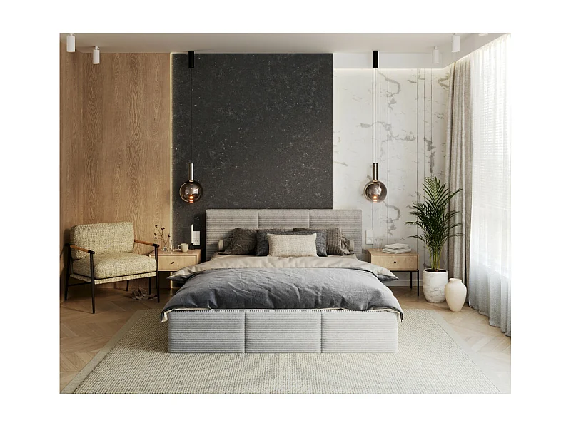 Lit coffre Tulum 160 x 200 cm - Velours cotelé - avec sommier à lattes relevable Gris Clair