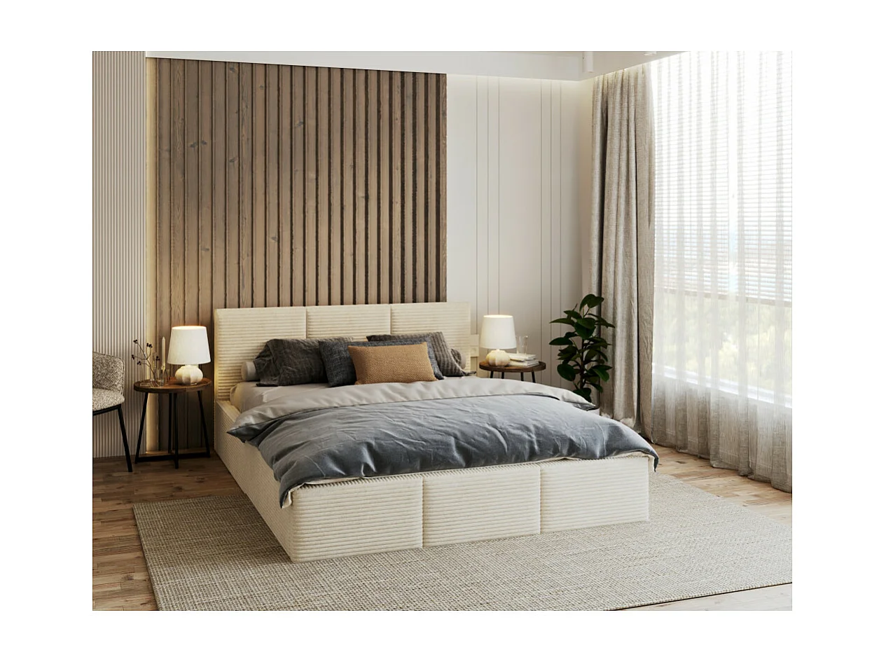 Lit coffre Tulum 160 x 200 cm - Velours cotelé - avec sommier à lattes relevable Beige