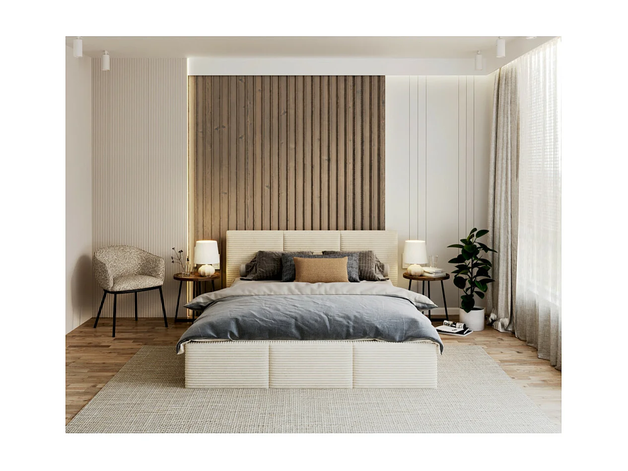 Lit coffre Tulum 160 x 200 cm - Velours cotelé - avec sommier à lattes relevable Beige