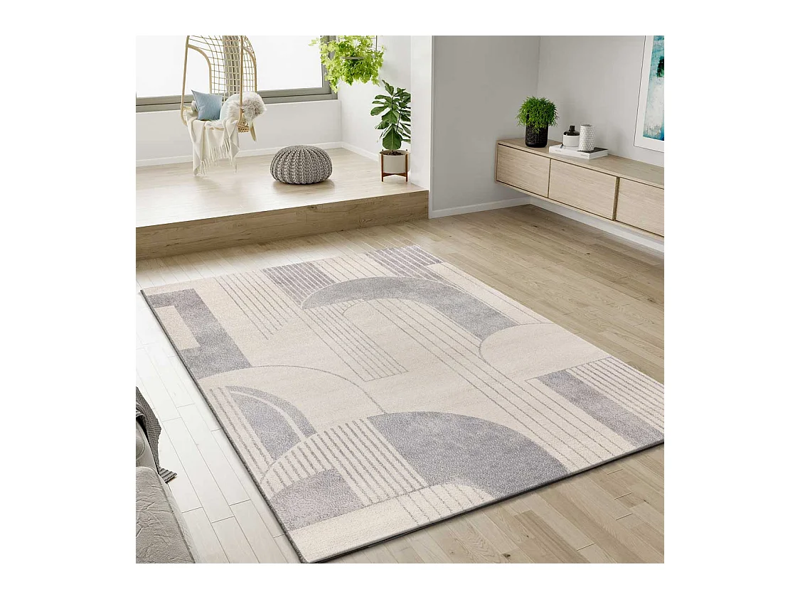 Kurzflorteppich - geometrisch - beige / grau - 160x230 cm - PORTO