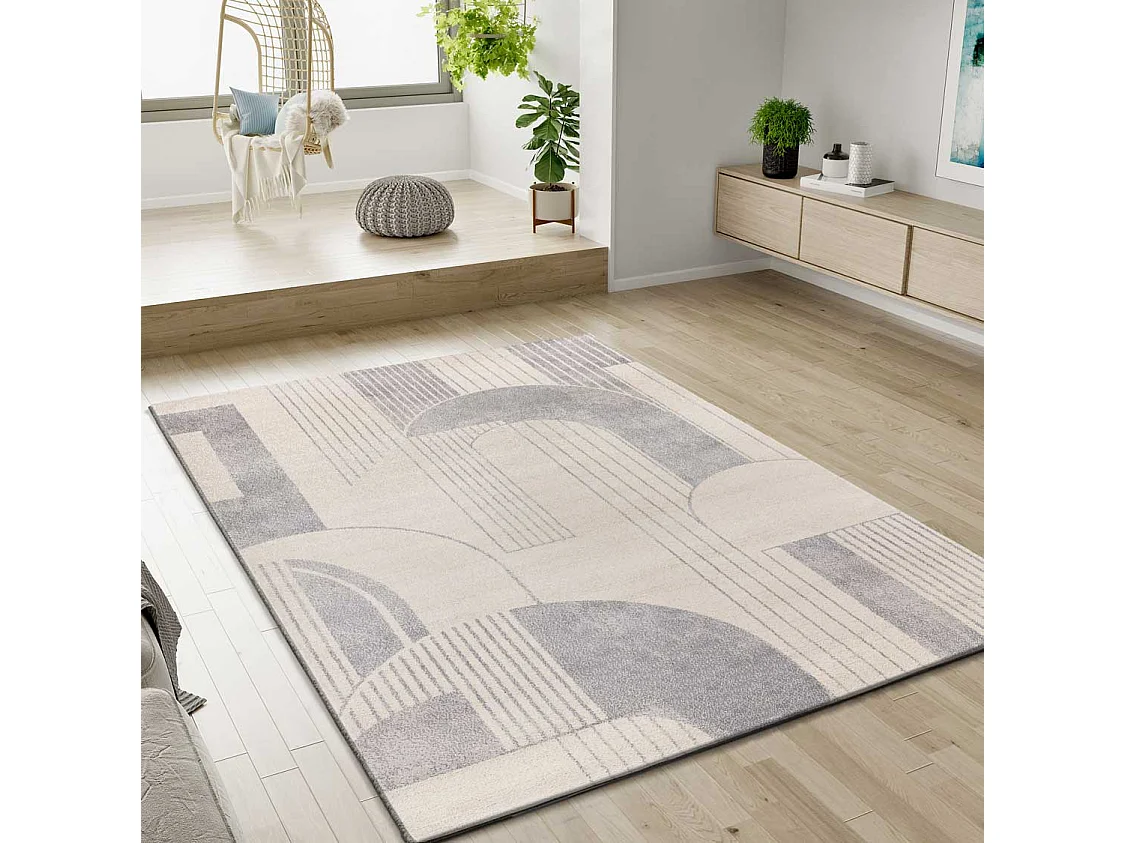 Kurzflorteppich - geometrisch - beige / grau - 133x190 cm - PORTO