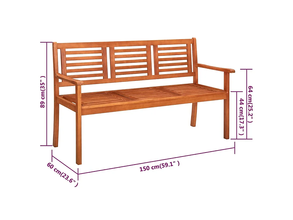 Banc de jardin 3 places avec coussin 150 cm Bois d'eucalyptus