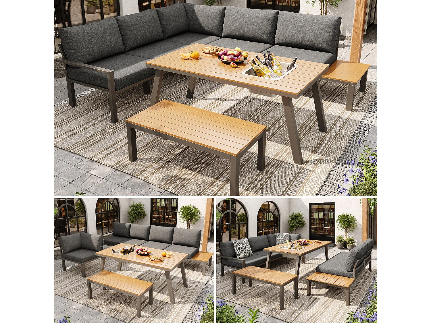 Conjunto de sala de jantar de jardim para 6-7 pessoas - estrutura em ferro galvanizado - com 1 mesa - tampo de mesa com balde de gelo - Cinza