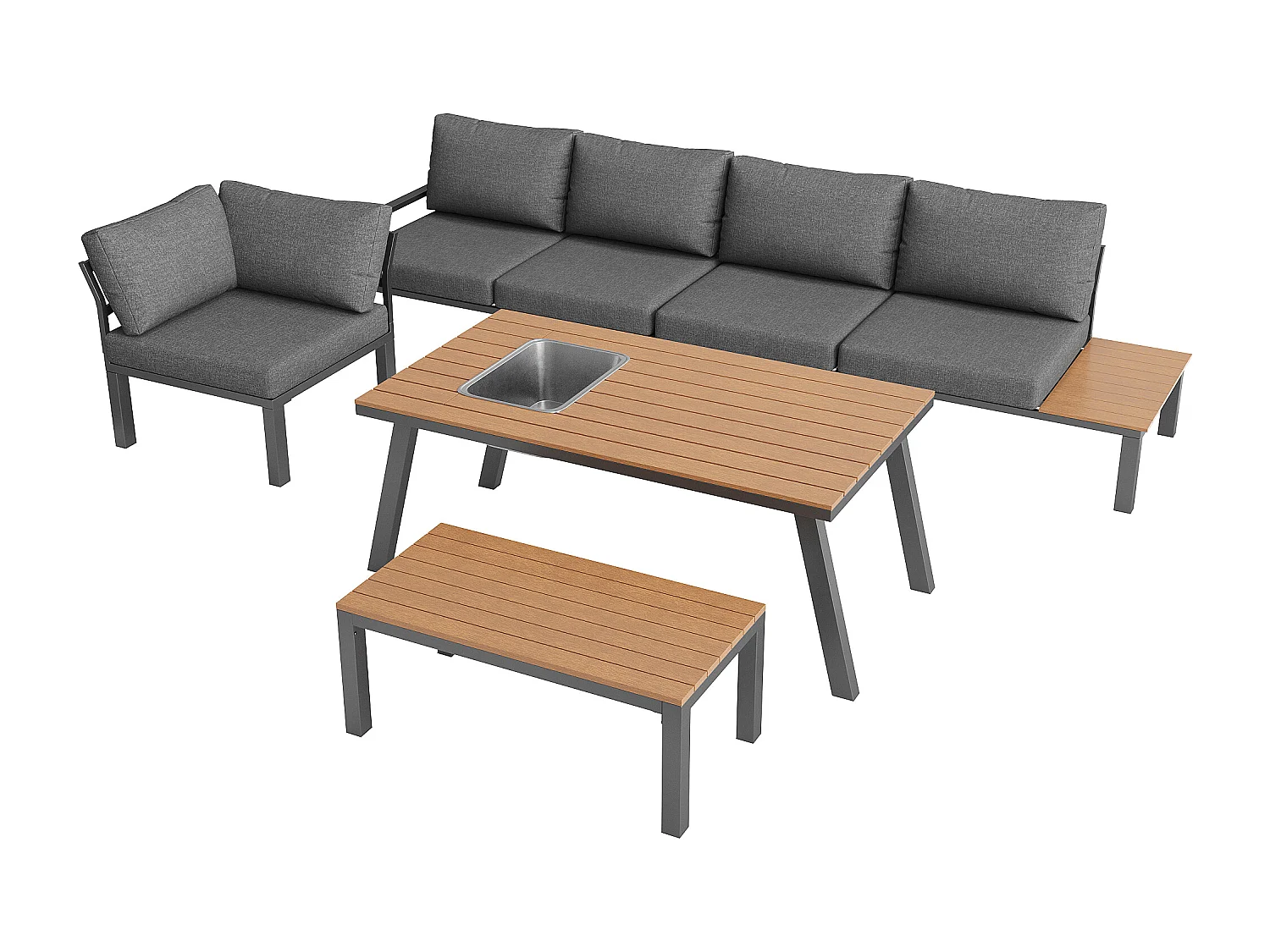 Conjunto de sala de jantar de jardim para 6-7 pessoas - estrutura em ferro galvanizado - com 1 mesa - tampo de mesa com balde de gelo - Cinza