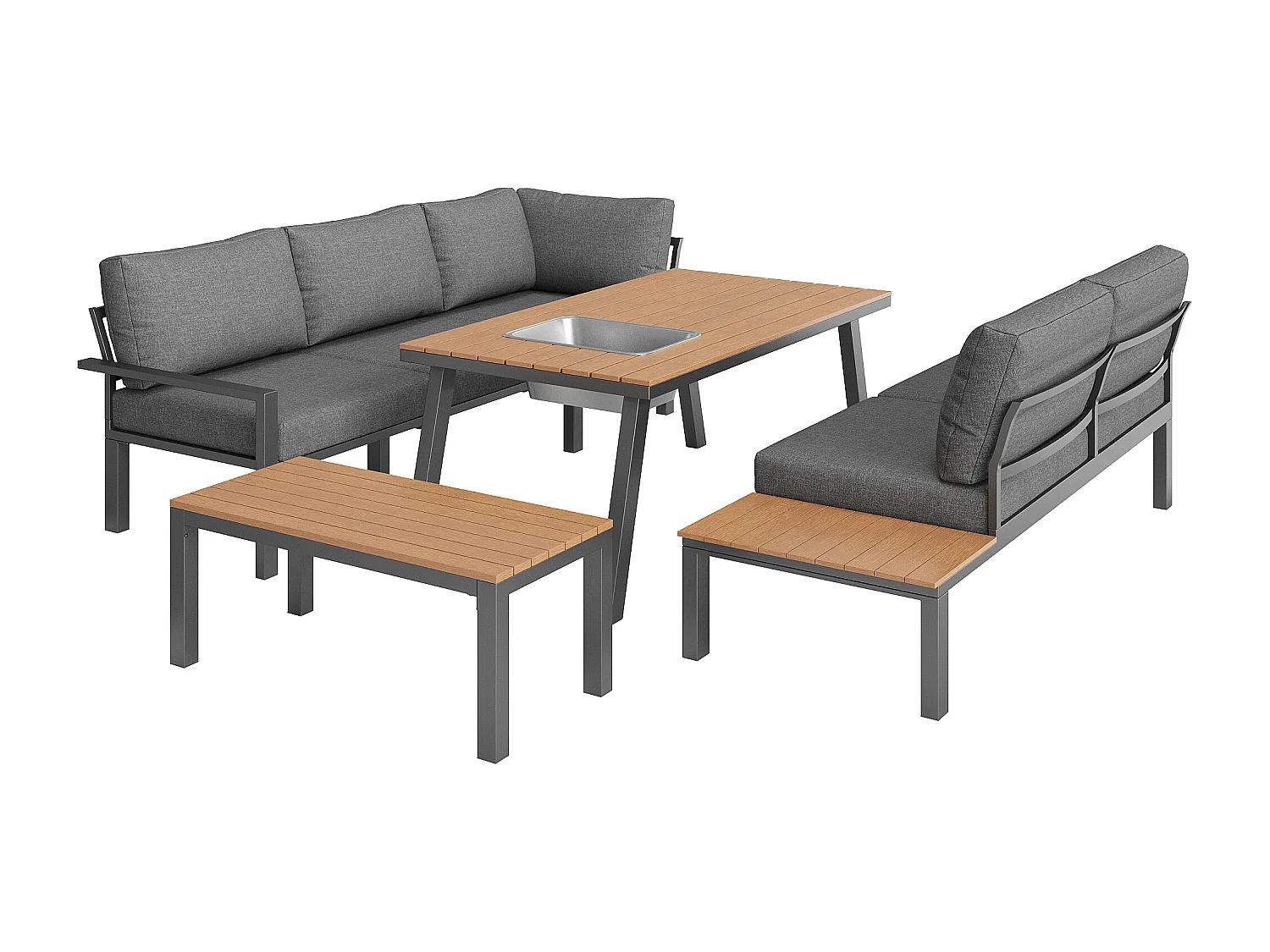 Conjunto de sala de jantar de jardim para 6-7 pessoas - estrutura em ferro galvanizado - com 1 mesa - tampo de mesa com balde de gelo - Cinza