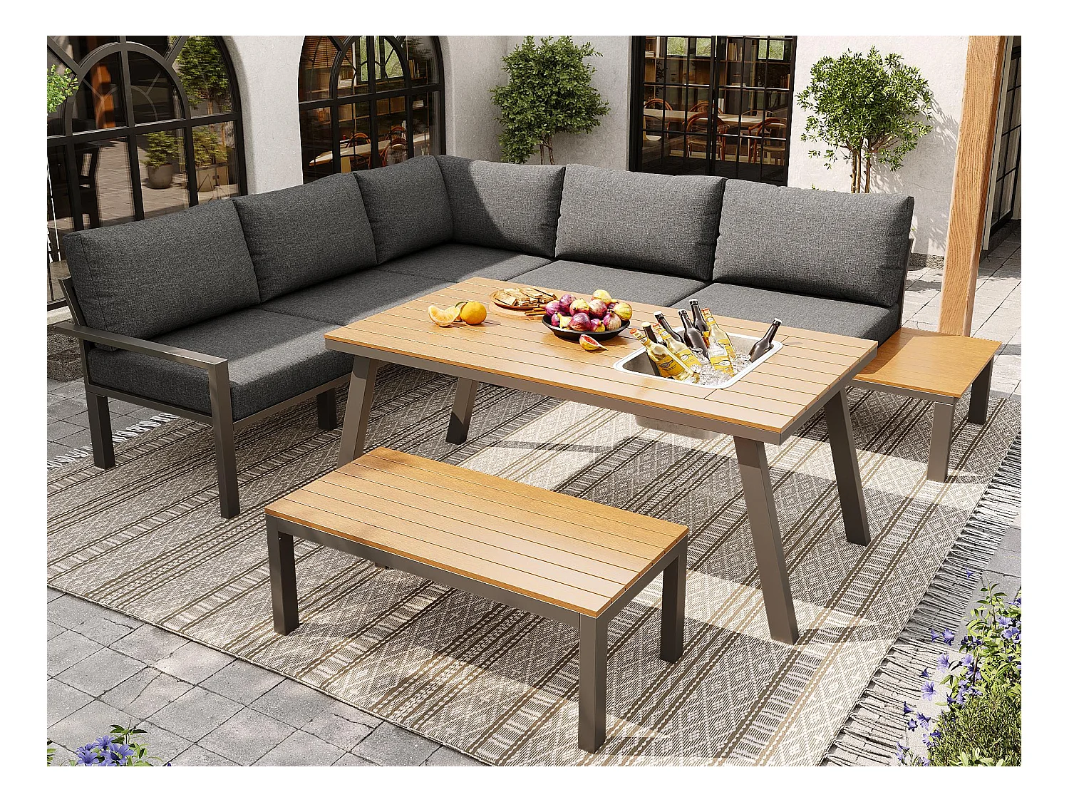 Gartengesellschaftsset für 6-7 Personen - verzinkte Eisengestaltung - mit 1 Tisch - Tischplatte mit Eiswürfelbehälter - Grau