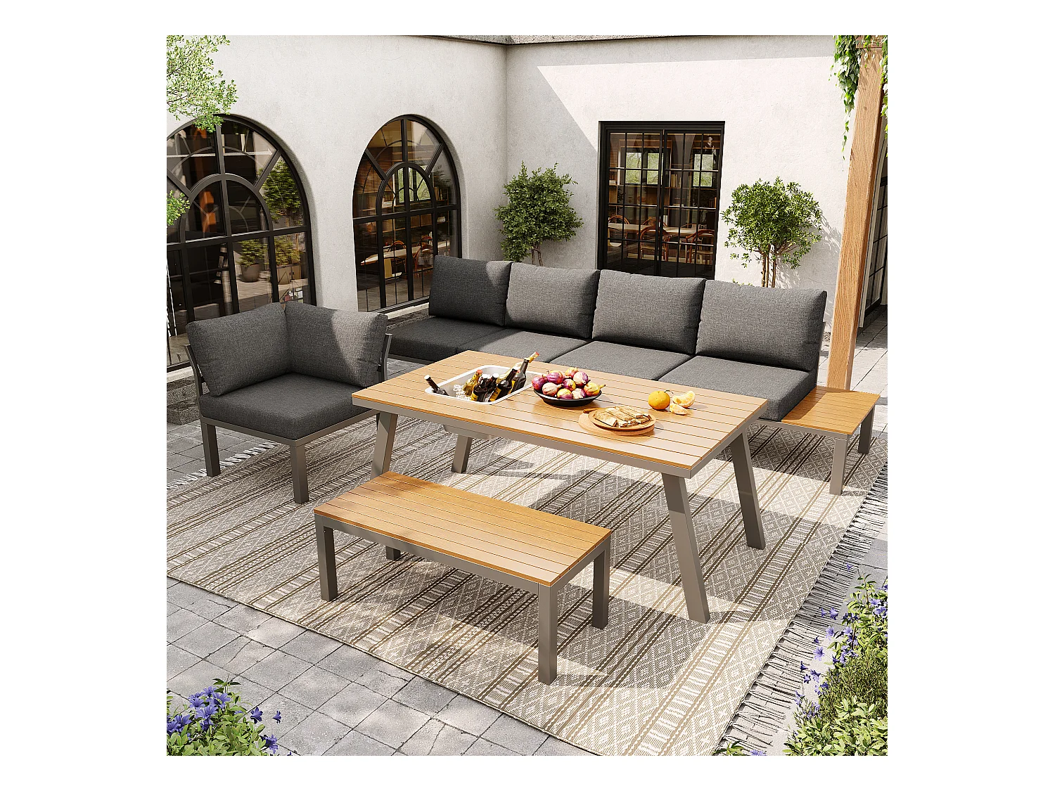 Gartengesellschaftsset für 6-7 Personen - verzinkte Eisengestaltung - mit 1 Tisch - Tischplatte mit Eiswürfelbehälter - Grau