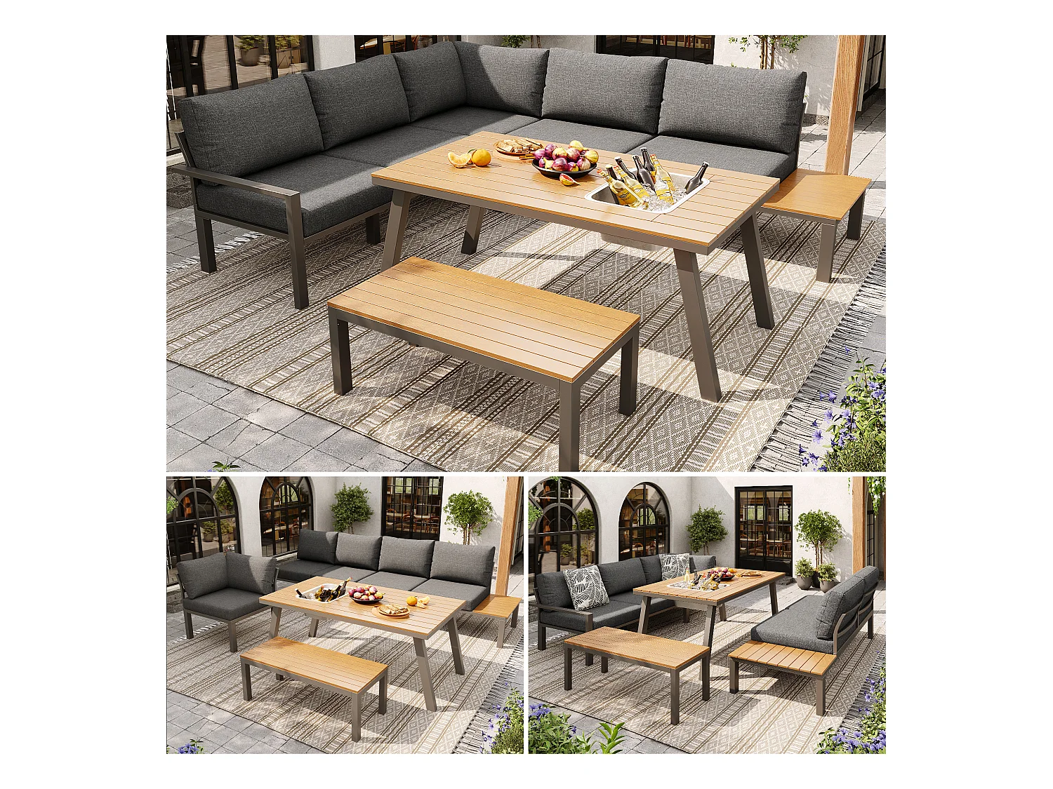 Gartengesellschaftsset für 6-7 Personen - verzinkte Eisengestaltung - mit 1 Tisch - Tischplatte mit Eiswürfelbehälter - Grau