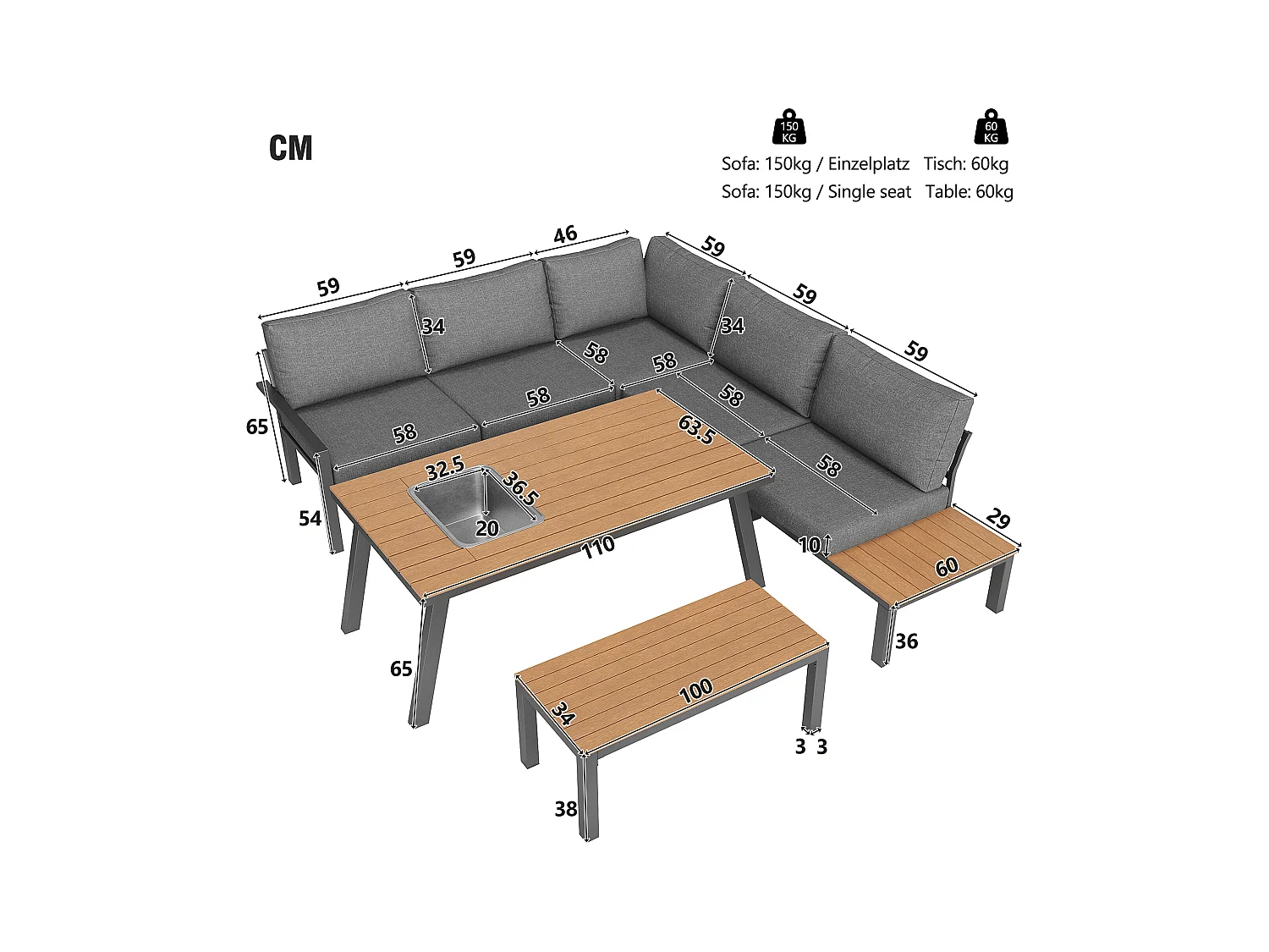 Gartengesellschaftsset für 6-7 Personen - verzinkte Eisengestaltung - mit 1 Tisch - Tischplatte mit Eiswürfelbehälter - Grau