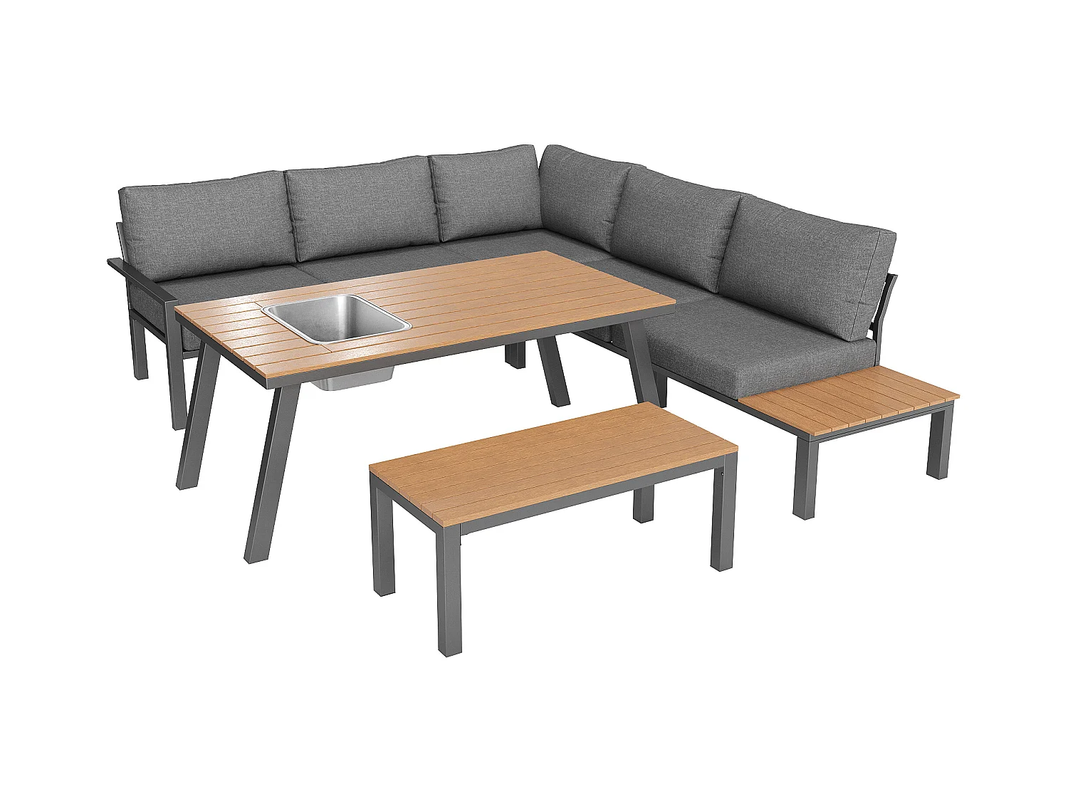 Gartengesellschaftsset für 6-7 Personen - verzinkte Eisengestaltung - mit 1 Tisch - Tischplatte mit Eiswürfelbehälter - Grau