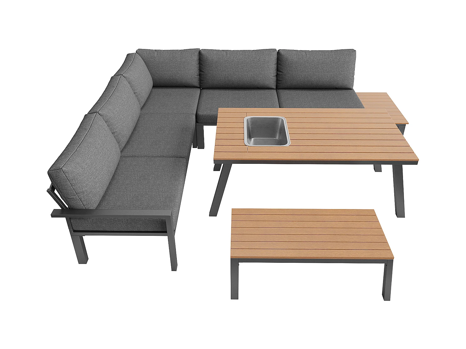 Gartengesellschaftsset für 6-7 Personen - verzinkte Eisengestaltung - mit 1 Tisch - Tischplatte mit Eiswürfelbehälter - Grau