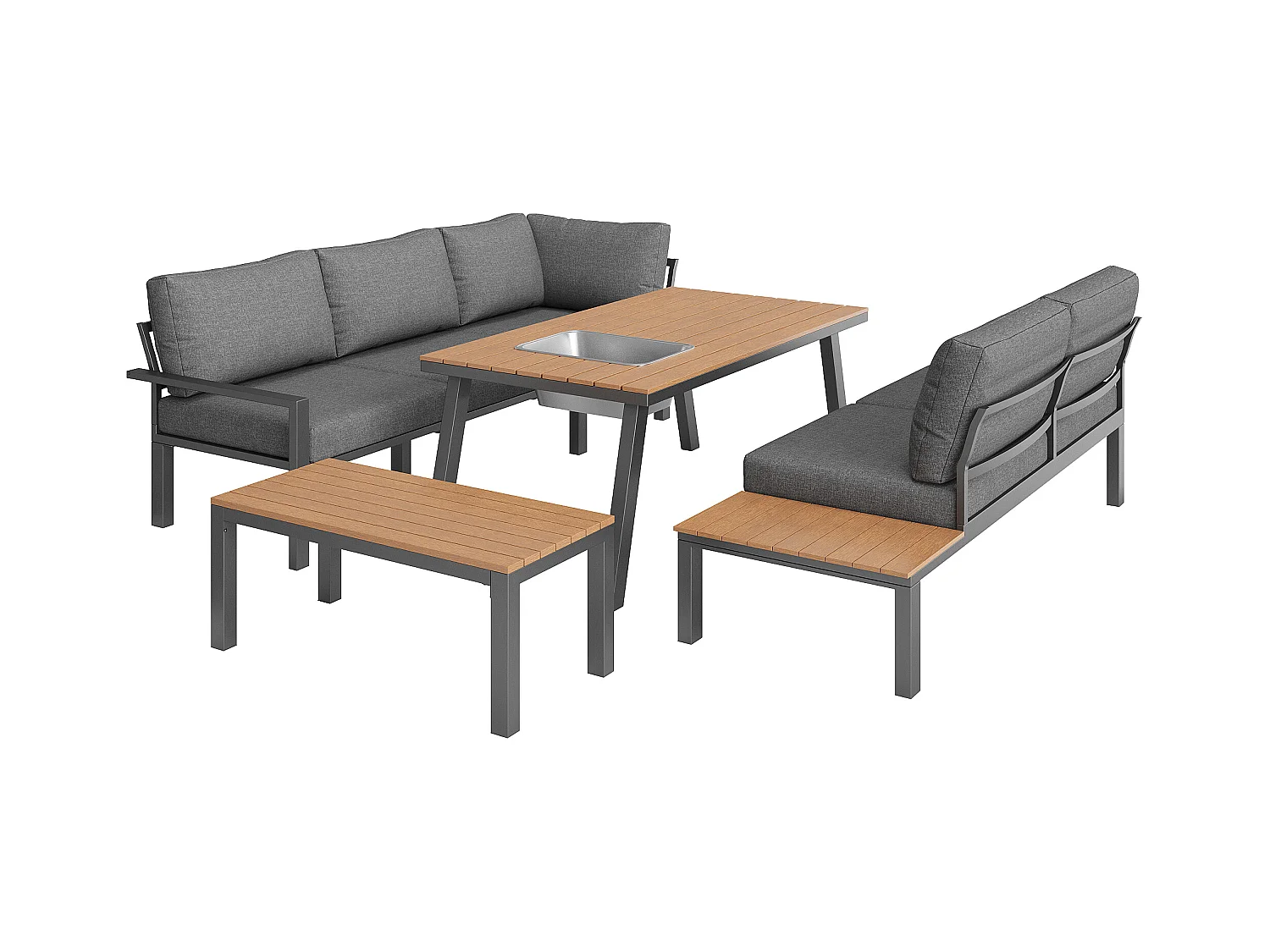 Gartengesellschaftsset für 6-7 Personen - verzinkte Eisengestaltung - mit 1 Tisch - Tischplatte mit Eiswürfelbehälter - Grau