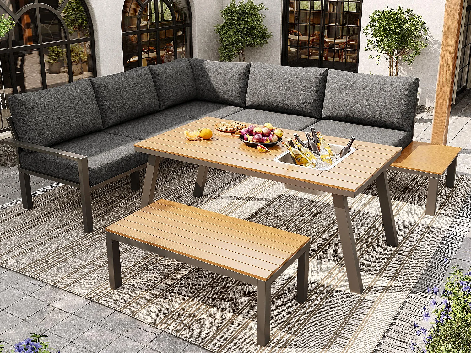 Ensemble de salle à manger de jardin - pour 6-7 personnes - structure en fer galvanisé - avec 1 table - plateau de table avec seau à glace - Gris