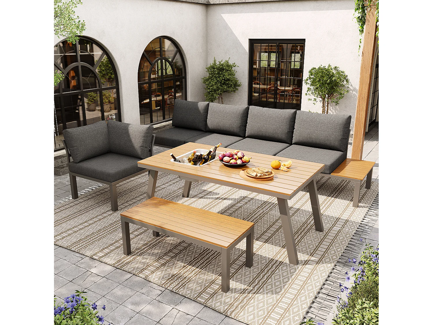 Ensemble de salle à manger de jardin - pour 6-7 personnes - structure en fer galvanisé - avec 1 table - plateau de table avec seau à glace - Gris