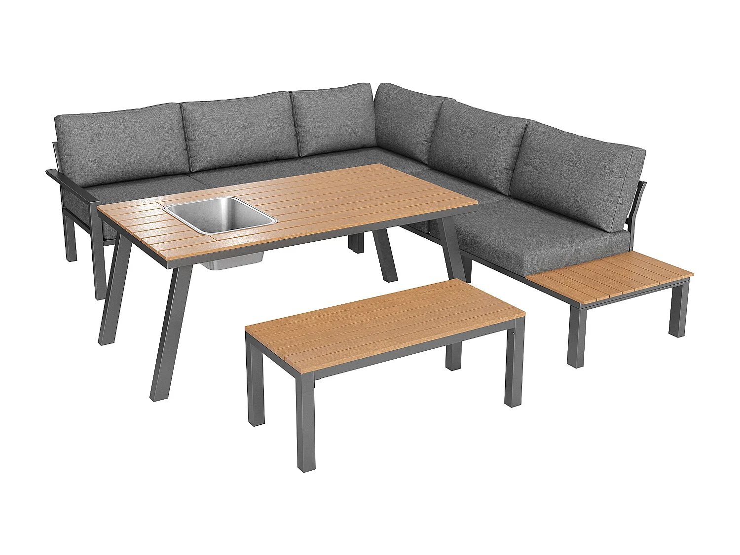 Ensemble de salle à manger de jardin - pour 6-7 personnes - structure en fer galvanisé - avec 1 table - plateau de table avec seau à glace - Gris