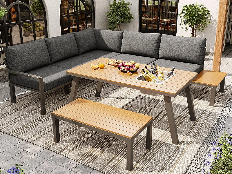 Gartengesellschaftsset für 6-7 Personen - verzinkte Eisengestaltung - mit 1 Tisch - Tischplatte mit Eiswürfelbehälter - Grau