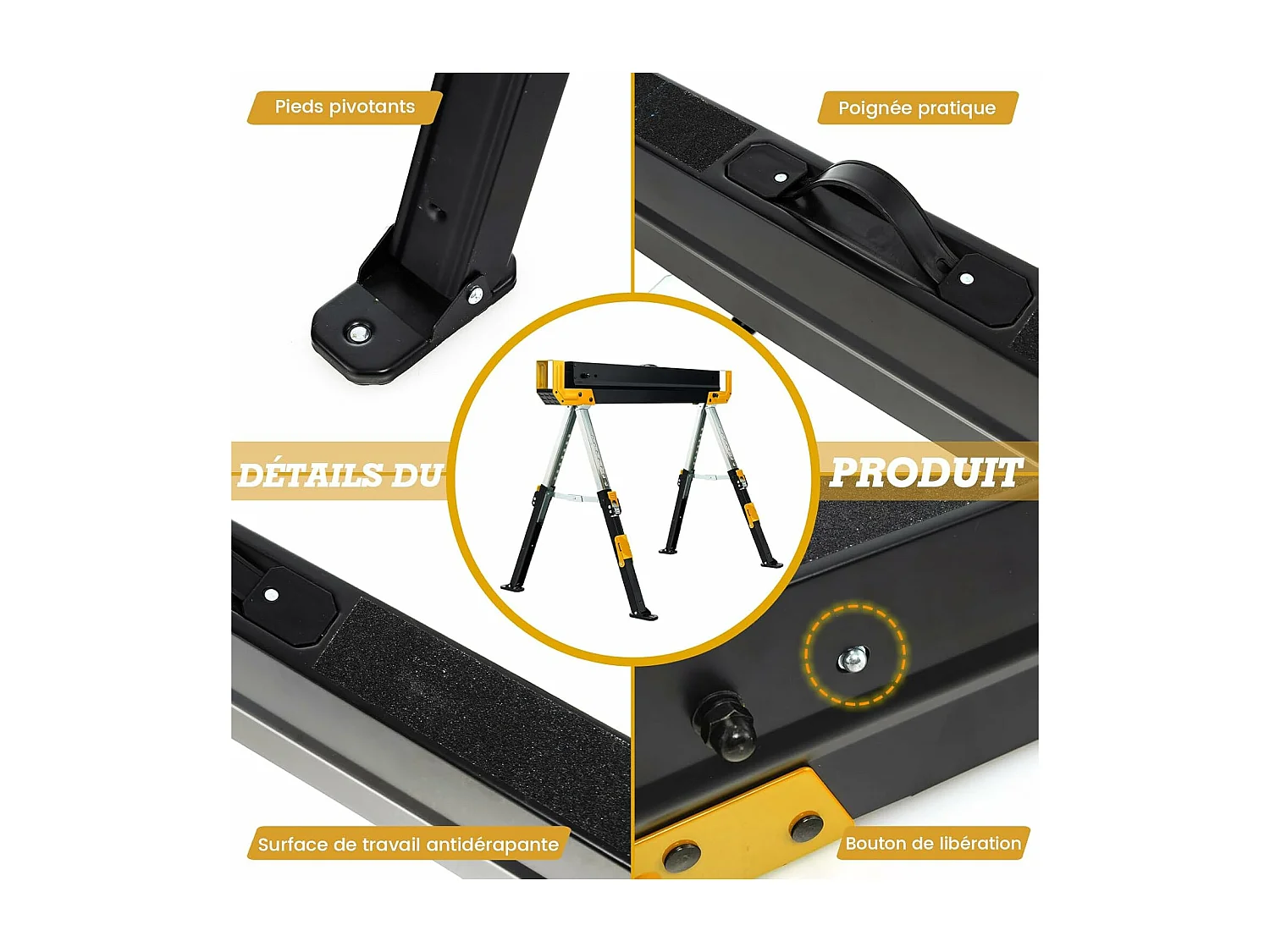 Lot de 2 Tréteaux Métalliques Robuste, avec Pieds Antidérapants Ajustables Reglable 61,5 à 82,7 cm, Grand Support jusqu’à 1180kg Usage en Paire (Jaune)