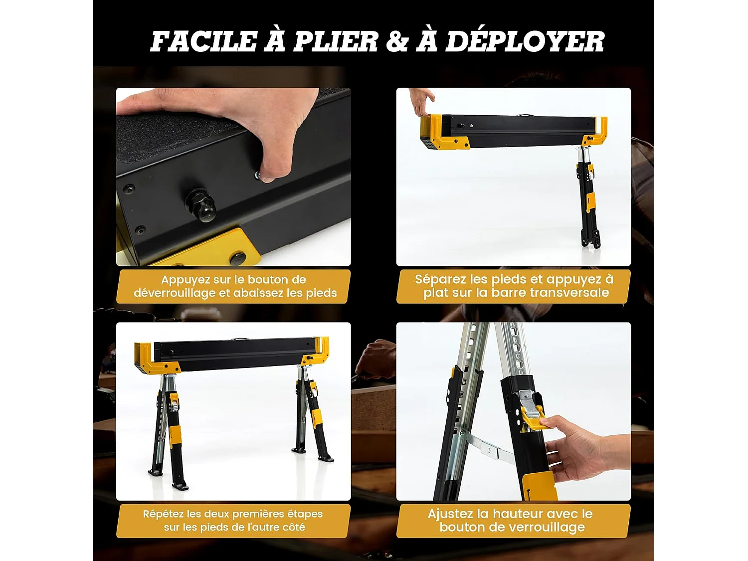 Lot de 2 Tréteaux Métalliques Robuste, avec Pieds Antidérapants Ajustables Reglable 61,5 à 82,7 cm, Grand Support jusqu’à 1180kg Usage en Paire (Jaune)