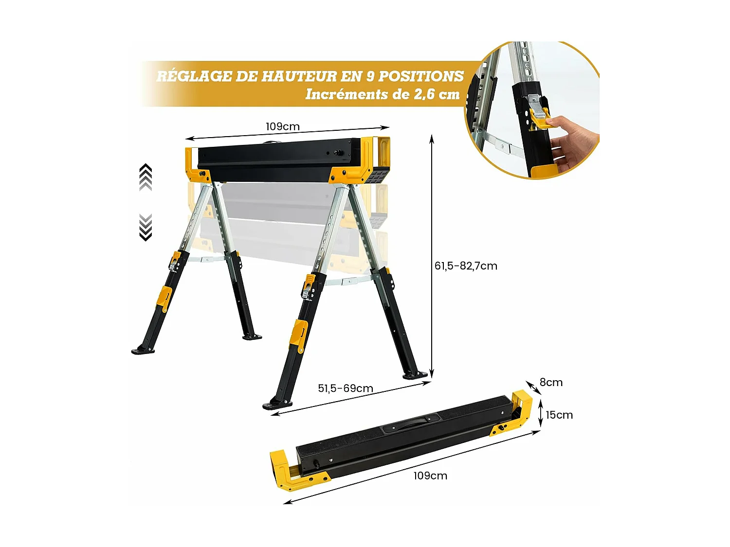 Lot de 2 Tréteaux Métalliques Robuste, avec Pieds Antidérapants Ajustables Reglable 61,5 à 82,7 cm, Grand Support jusqu’à 1180kg Usage en Paire (Jaune)