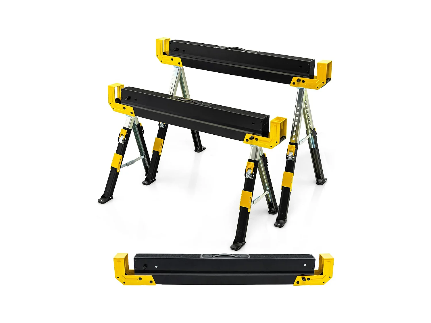 Lot de 2 Tréteaux Métalliques Robuste, avec Pieds Antidérapants Ajustables Reglable 61,5 à 82,7 cm, Grand Support jusqu’à 1180kg Usage en Paire (Jaune)