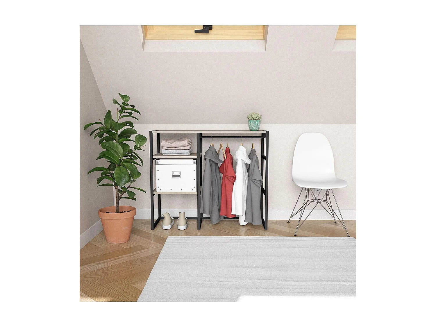 KADRA 100x85cm Dachbodenkleiderständer mit Kleiderschrank und Regalen