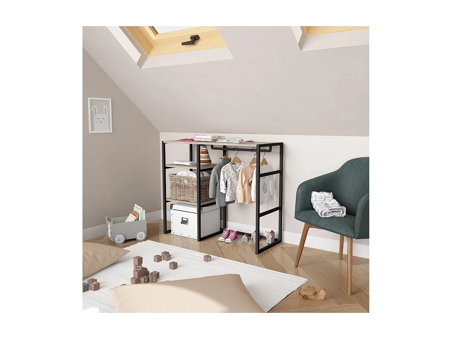 KADRA 100x85cm Dachbodenkleiderständer mit Kleiderschrank und Regalen