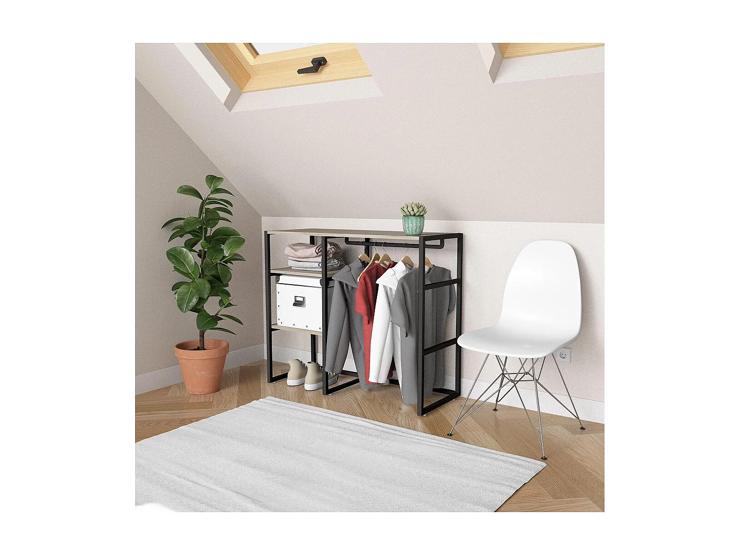 KADRA 100x85cm Dachbodenkleiderständer mit Kleiderschrank und Regalen